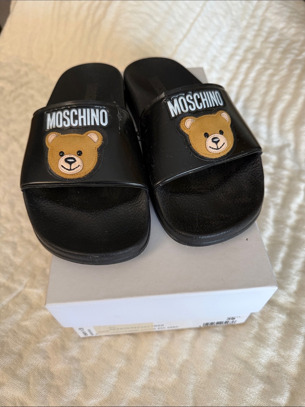 Moschino Black Slides with Teddy Bear Patch